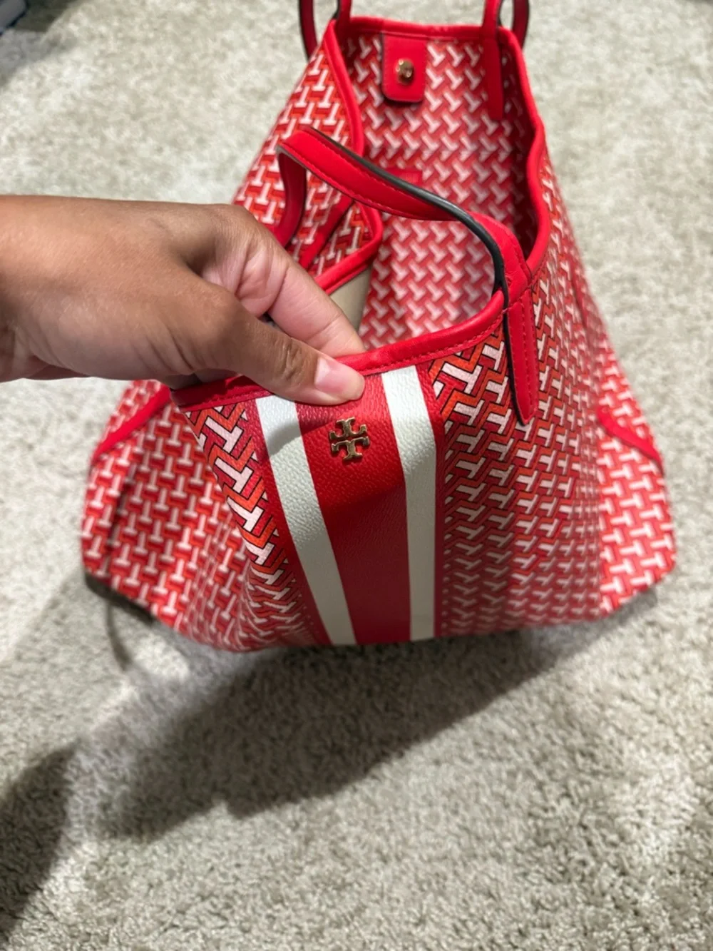 Tory Burch Red Patterned Tote with White Center Stripe - Picture 6 of 6